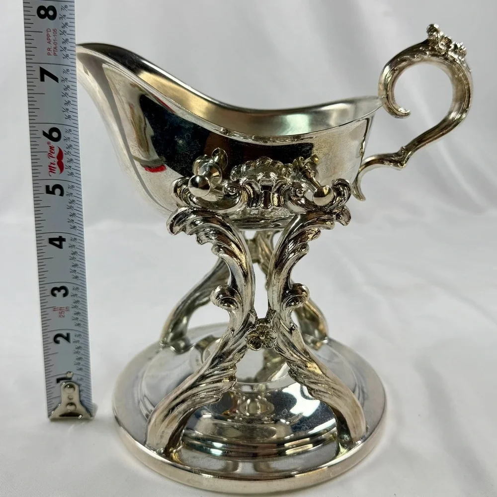 Vintage Ornate Silver Plate Tilting Gravy Boat w/ Rococo Scroll Stand Bridgerton